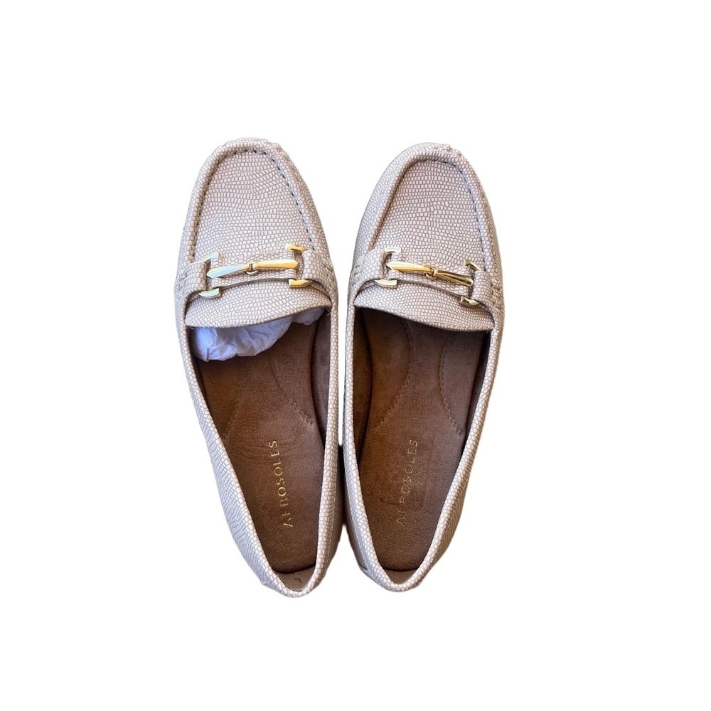 NWT Womens Size 8 Snakeskin Print Loafer Flats Gold Buckle Beige Slip On - Picture 6 of 9